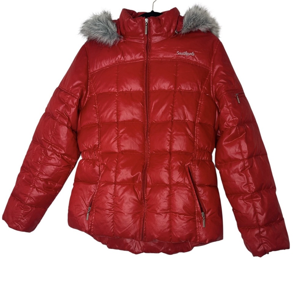 Vintage SouthPole Red Goose Down Fur Hood Puffer Jacket Women XL Y2K Outdoor